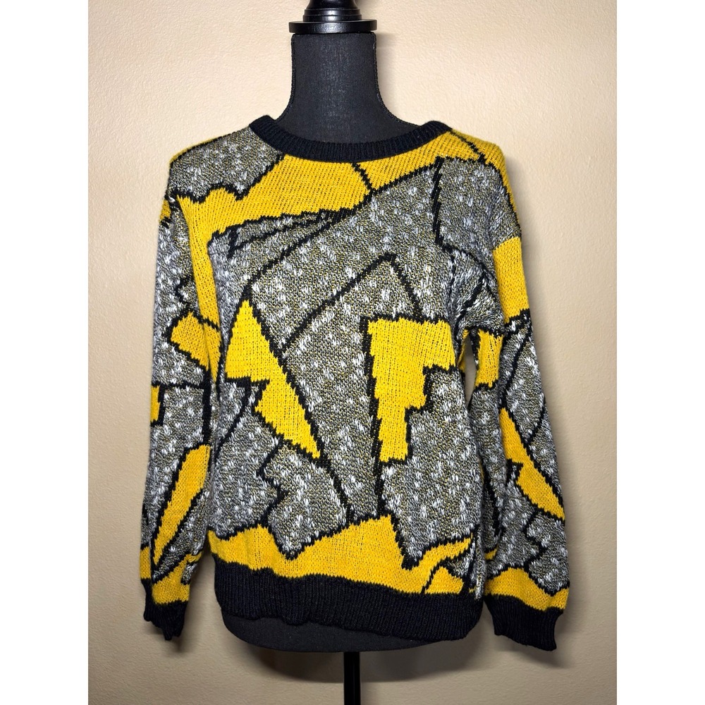 Vintage Adele Knitwear Crewneck Geometric Ribbed Pullover Yellow/Gray/Black 10